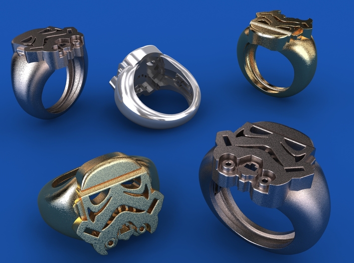Strooper Ring 19,8mm 3d printed Stainless Steel, Gold Plated matte &amp; Silver renders