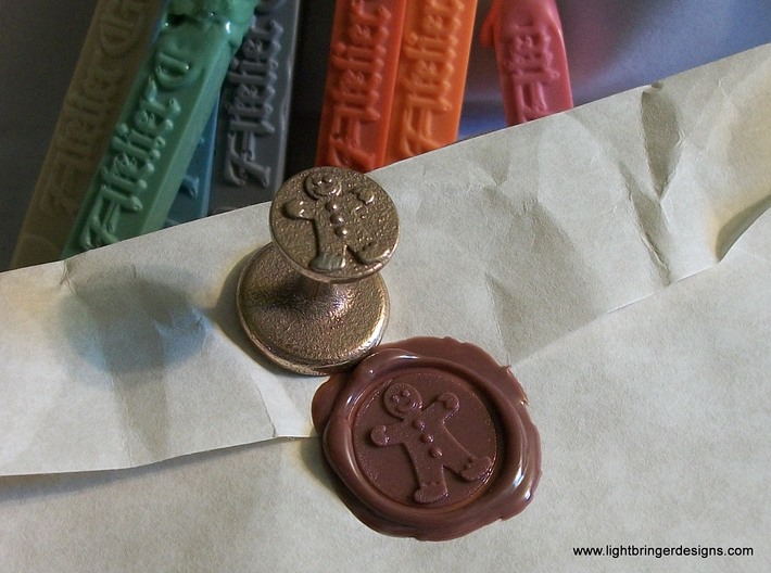 Gingerbread Man Wax Seal 3d printed Gingerbread Man Wax Seal in Stainless Steel, with the impression in Gingerbread Brown sealing wax.  