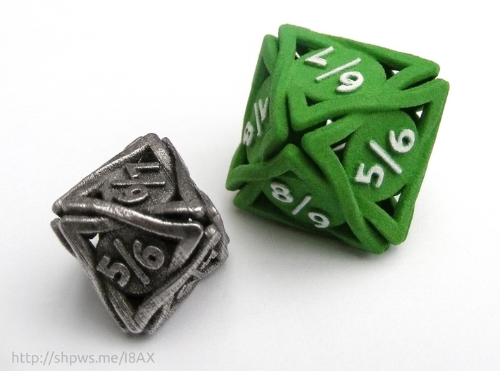 Large 'Twined' Dice D8 Spindown Tarmogoyf P/T Die 3d printed The model compared to the smaller steel version
