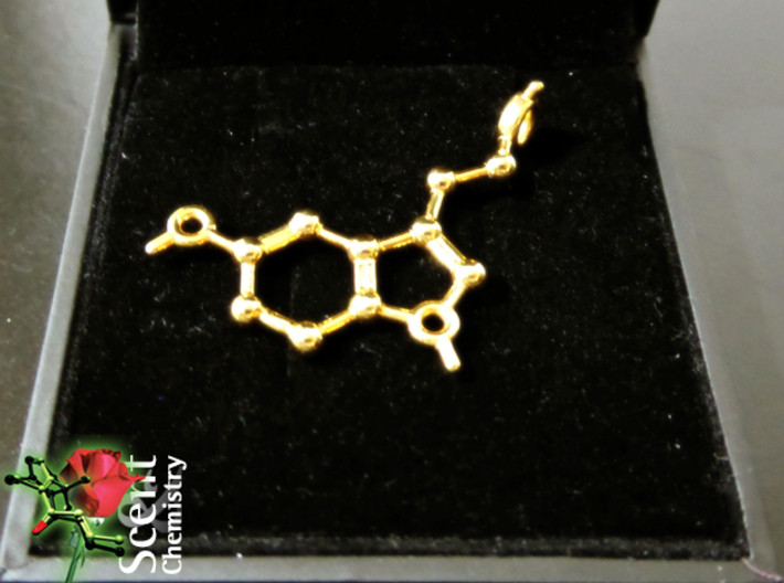 Serotonin 3d printed The 18k gold plated Serotonin pendant in a tresure box.