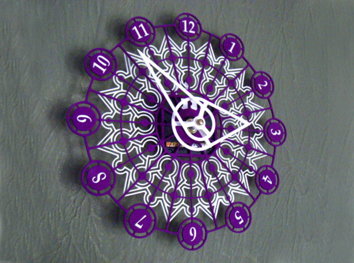 Kaleidoscope Clock - Part A 3d printed The completed Kaleidoscope Clock with Part A in Purple Strong &amp; Flexible and Part B in White Strong &amp; Flexible.This is a two-part clock face kit. This model is Part A. The second part is available at http://www.shapeways.com/model/580493