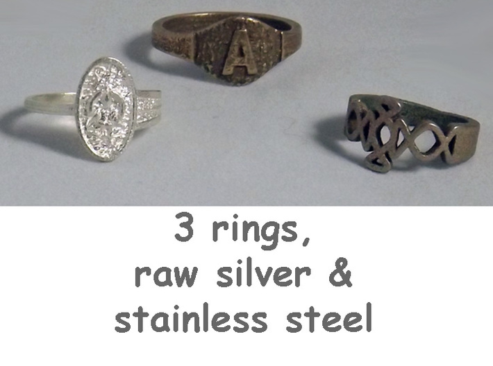 Textured Signet A 3d printed Group of rings includes Initial A in stainless steel.