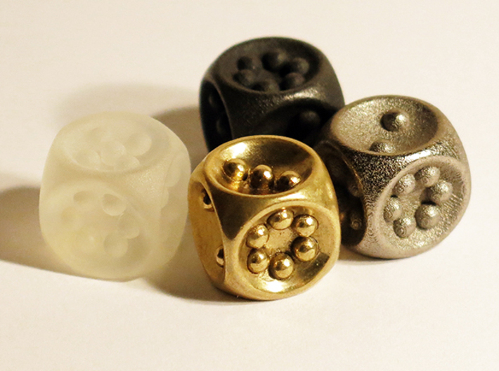 Gravity D6 3d printed Frosted Extreme Plastic, Polished Brass, Polished Grey Steel and Polished Nickel Steel