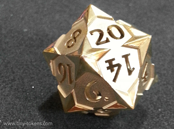 'Starry' D20 Spindown Life Counter Die 3d printed Customer picture of the gaming version of this d20 printed in polished brass