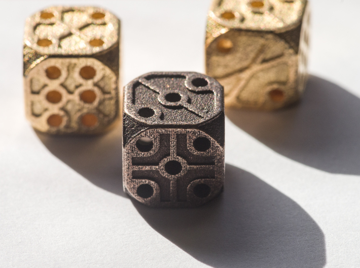 Rustic  Die - Small 3d printed Three dice, two Polished Gold Steel and one Polished Bronze Steel.