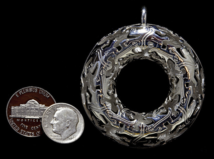 Reptiles Pendant - 2 Inch version. 3d printed 2 inch Silver with coins for scale, photo.
