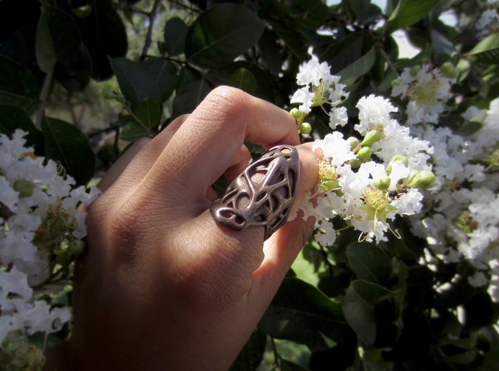 The Weave Ring 3d printed Against Some White Flowers (Bronze Steel)