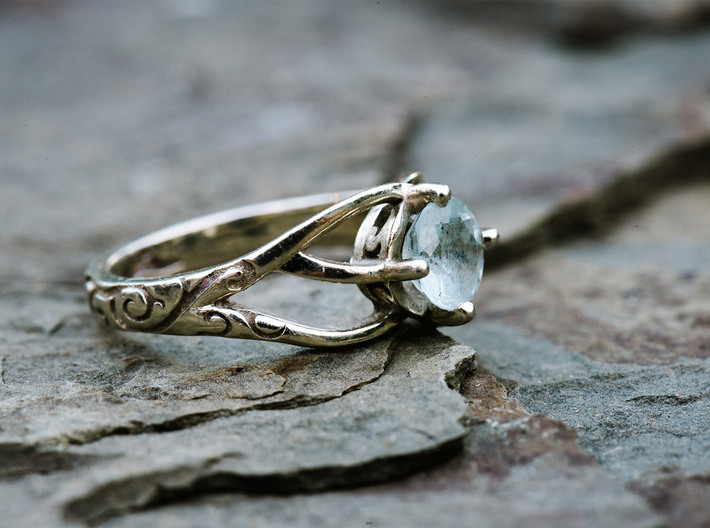 Solitaire Engagement Ring w/Branched Band 3d printed White gold ring set with 0.85ct aquamarine and custom engravings.