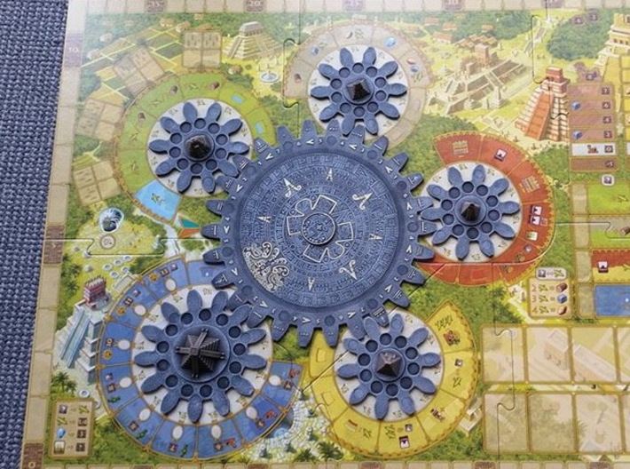 Mayan Pyramids and Calendar center (6 pcs) 3d printed White Strong Flexible, hand-painted. Photo courtesy of user Graou (on trictrac). Game cogs copyright Czech Games / Iello.