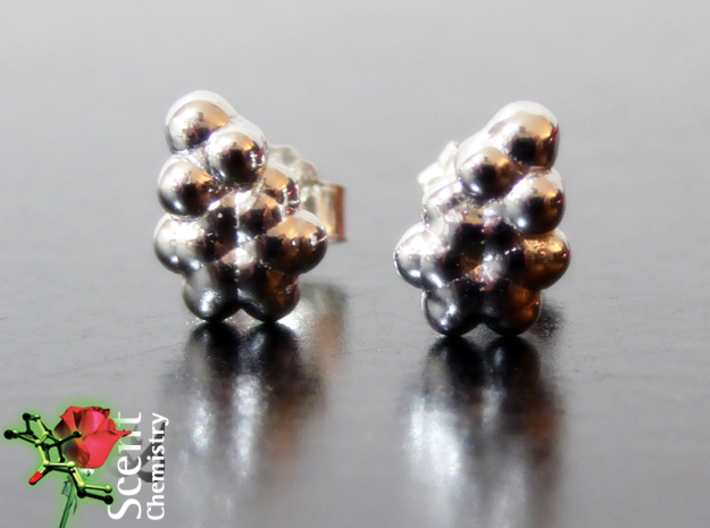 Phenylethanol Earring Studs 3d printed  Magnification of rhodium-plated phenylethanol ear studs with Thomas Sabo butterfly clips Z355.