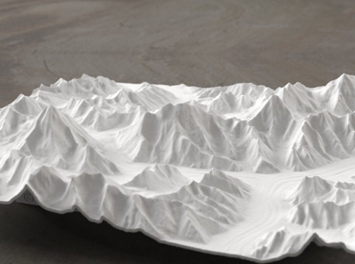 8''/20cm Baltoro Glacier and K2, WSF 3d printed Radiance rendering from the West, looking up the Baltoro to Gasherbrum IV