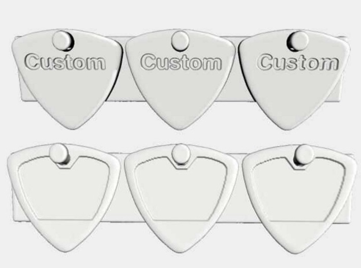 guitar picks 1.4mm engrave x3 3d printed Example of customization using a repeated word (top) and repeated test pattern (bottom).