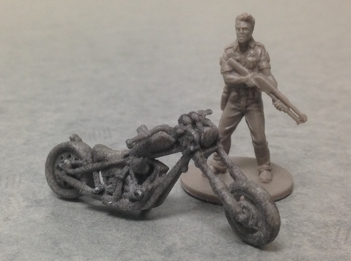 Harley Motorcycle Chopper 28mm miniature 3d printed White Strong &amp; Flexible Polished (there is a quick black wash painted on this pic)
