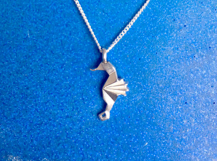 Origami Seahorse 3d printed Polished Silver with silver chain