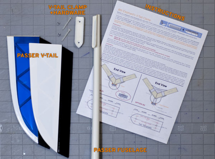 V-Tail Clamp: 105.5 degrees for Passer/X, etc. 3d printed Passer Fuselage & Tailfeathers with V-Tail Clamp & Printed PDF Instructions