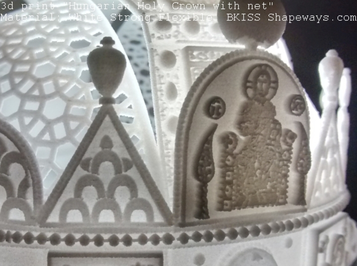 Hungarian Holy Crown with net - half scale 3d printed Photo about 3dprint "Hungarian Holy Crown with net", Material: White Strong Flexible - front left with underlight