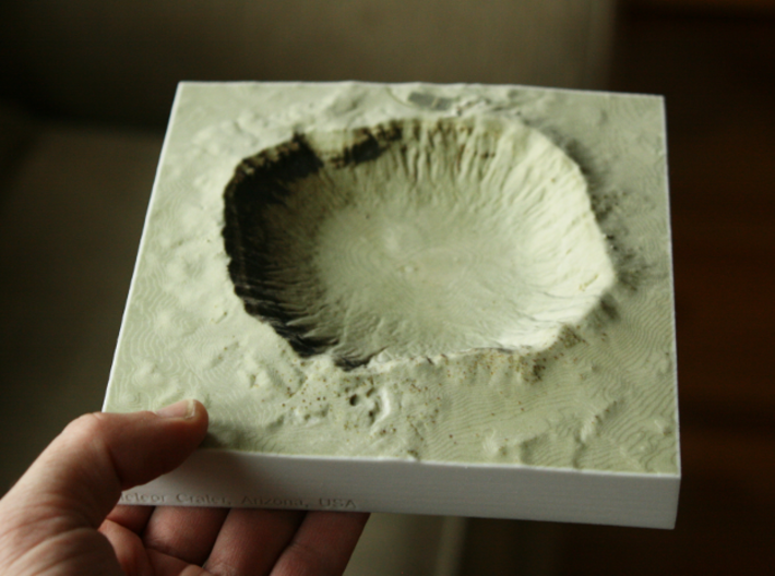 6'' Meteor Crater, Arizona, USA, Sandstone 3d printed Meteor Crater model in full color, North is up