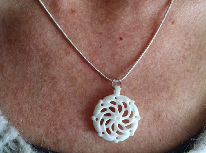 Vortex Mandala Pendant 3d printed Photo taken of White Strong Flexible Plastic Material