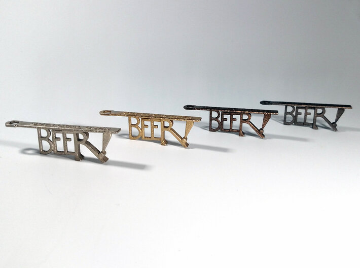 Bière Bottle Opener Keychain 3d printed Left to Right: Nickel, Stainless (comes out golden), Polished Bronze, Polished Gray