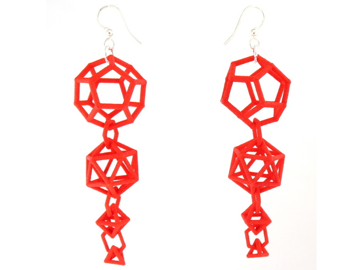 Platonic Progression Earrings - Clean 3d printed Earrings printed in Red Strong and Flexible, with earwires added