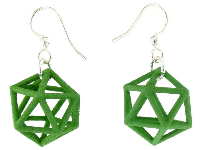 Icosahedron Earrings, clean style 3d printed Earrings printed in Green Strong and Flexible, with earwires added