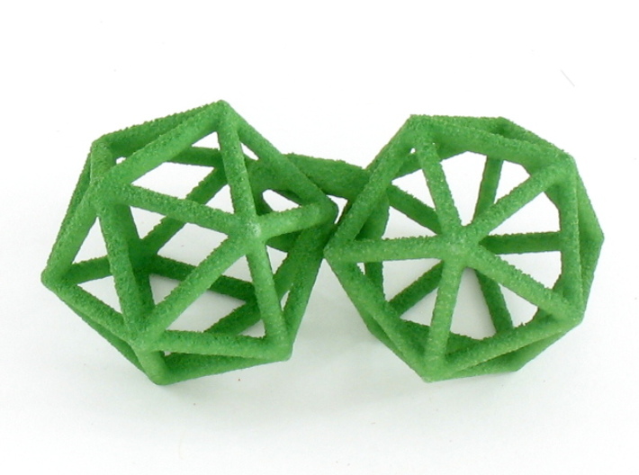 Icosahedron Earrings, clean style 3d printed Earrings printed in Green Strong and Flexible, shown looped