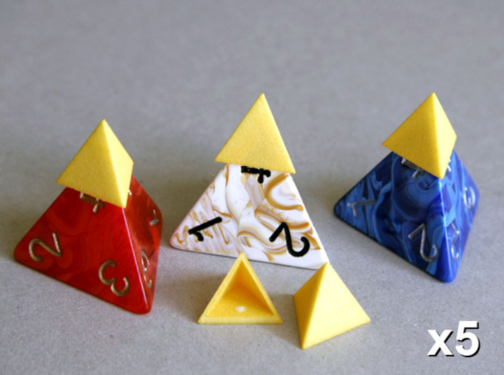 Tetrahedron Capstones (x5) 3d printed Capstones shown in position on Kemet dice.
