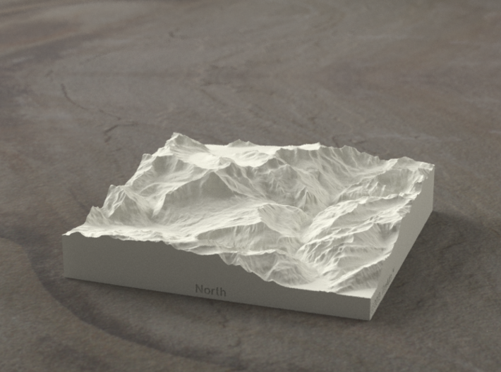 4''/10cm Oberland Peaks, Switzerland, Sandstone 3d printed Radiance rendering of model, looking south toward the Eiger Nordwand.