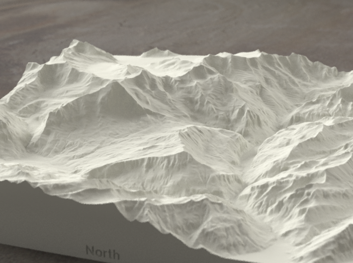 8''/20cm Oberland Peaks, Switzerland, Sandstone 3d printed Radiance rendering of model, looking south toward the Eiger Nordwand.
