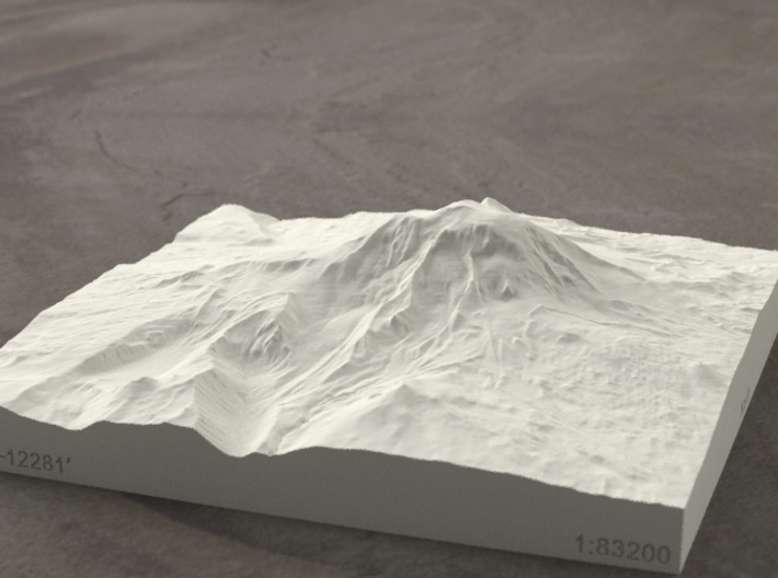 6'' Mt. Adams, Washington, USA, Sandstone 3d printed Radiance rendering of model, viewed from the East.