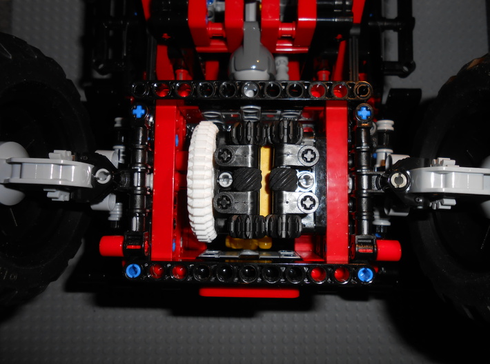 LEGO®-compatible alt. 44-tooth bevel gear R2 3d printed Torsen differential in vehicle (also featuring helical gears)
