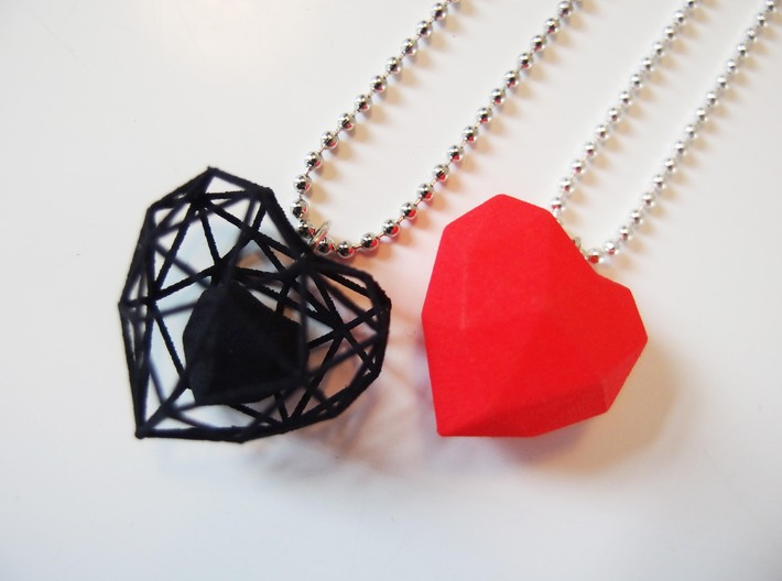 Heart Facet Pendant 3d printed Red solid heart + Black wireframe version