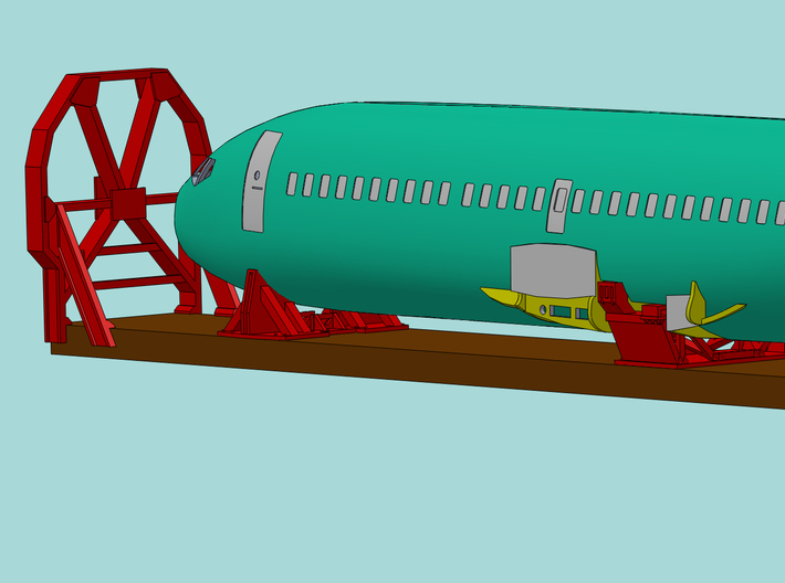 1/87 Boeing Fuselage Cradles for flatcar 3d printed CAD render showing the cradles supporting a fuselage.