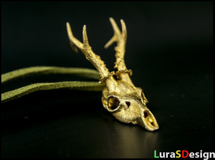 Roe Deer Skull Pendant 3d printed Matte Gold Steel with 3mm cord