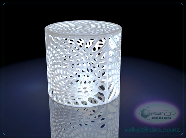 Voronoi capped cylinder lampshade 3d printed Raytraced render simulating polished white strong &amp; flexible material