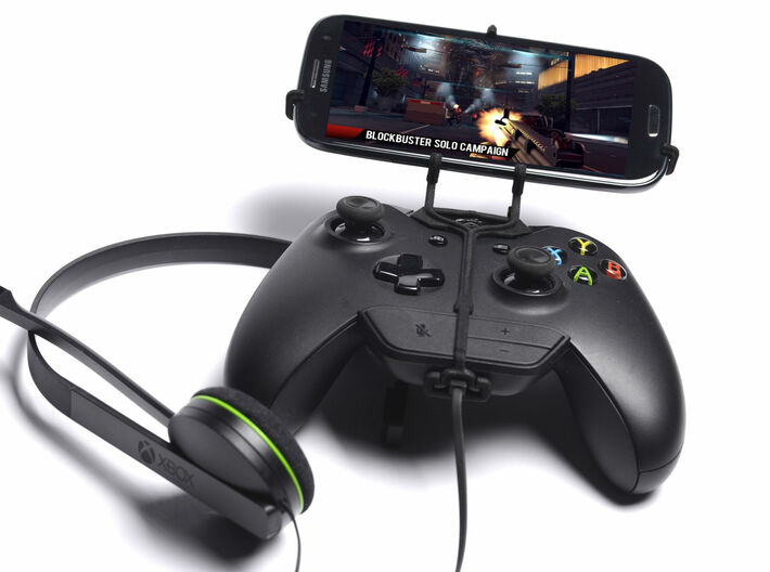 Controller mount for Xbox One Chat &amp; Apple iPhone 3d printed Front View - A Samsung Galaxy S3 and a black Xbox One controller &amp; chat