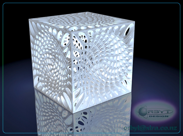 Voronoi cube lampshade ~ 100mm tall 3d printed Raytraced render simulating polished white strong &amp; flexible material