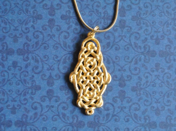 Raindrop Celtic Knot Pendant 40mm 3d printed Matte Gold Steel
