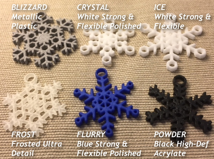 Flurry Snowflake Earrings 3d printed Samples of available styles and materials