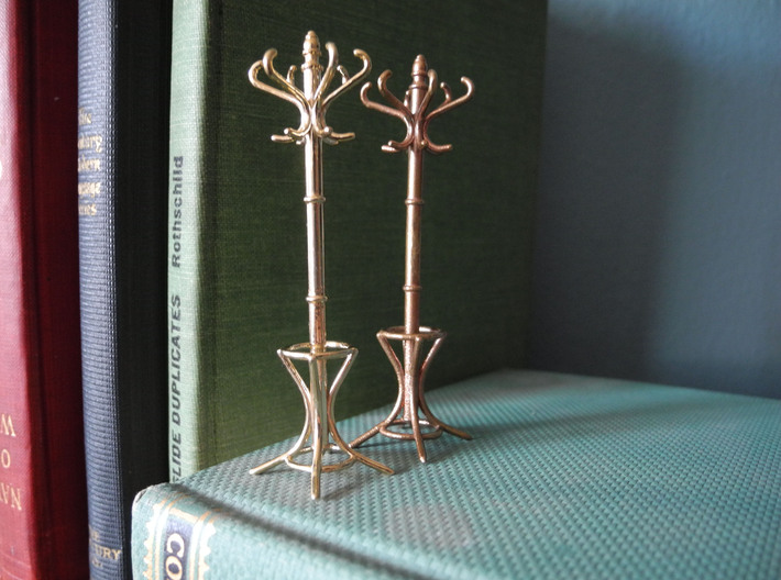 1:24 Miniature Coatrack 3d printed Left: Polished Brass - Right: Raw Bronze