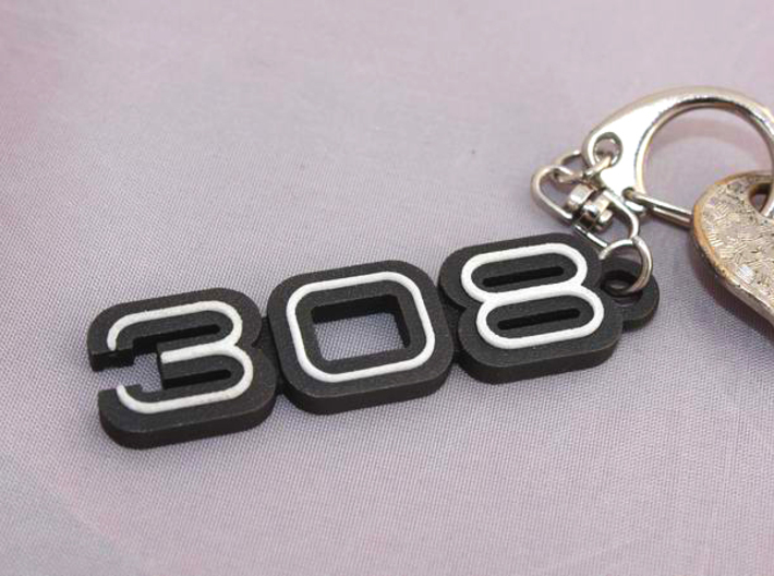 KEYRING LOGO 308 BLACK W INSERTS 3d printed Keychain with the Ferrari 308 logo, in Black Steel with white plastic inserts