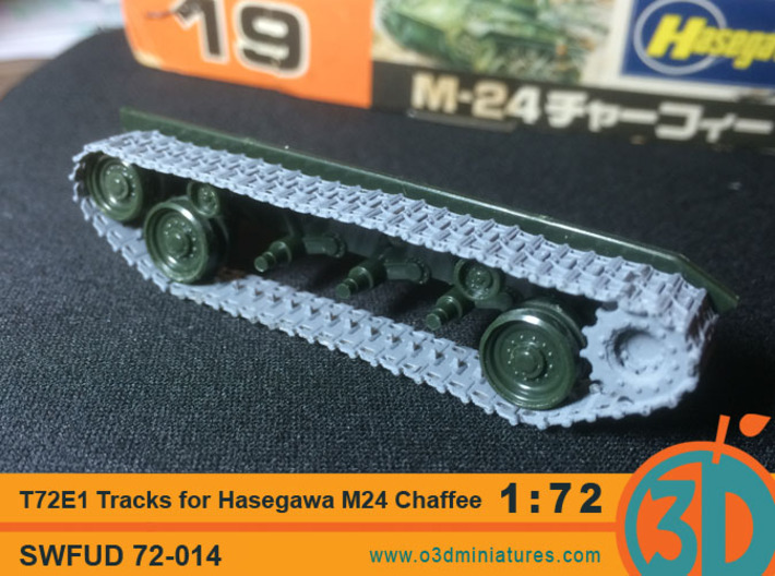 T72E1 tracks for Hasegawa M24 Chaffee 1/72 scale S 3d printed FUD test print painted grey, hasegawa M24 not included