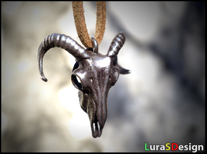 Ram Skull Pendant 3d printed small version in Raw Silver - aged