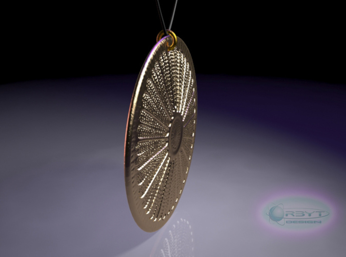 Arachnoidiscus ehrenbergi Diatom ~ 40mm (1.57inch) 3d printed Arachnoidiscus ehrenbergi diatom pendant rear view raytraced render simulating polished bronze material