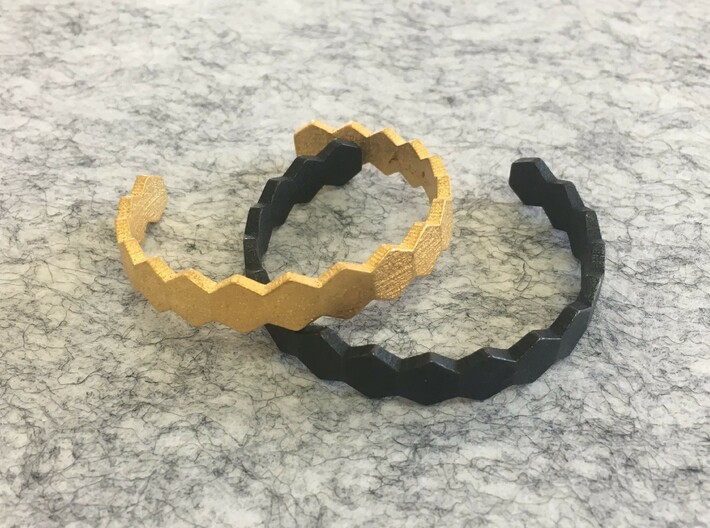 Geometric Hex Bracelet S-XL 3d printed Polished Gold and Polished Grey Steel