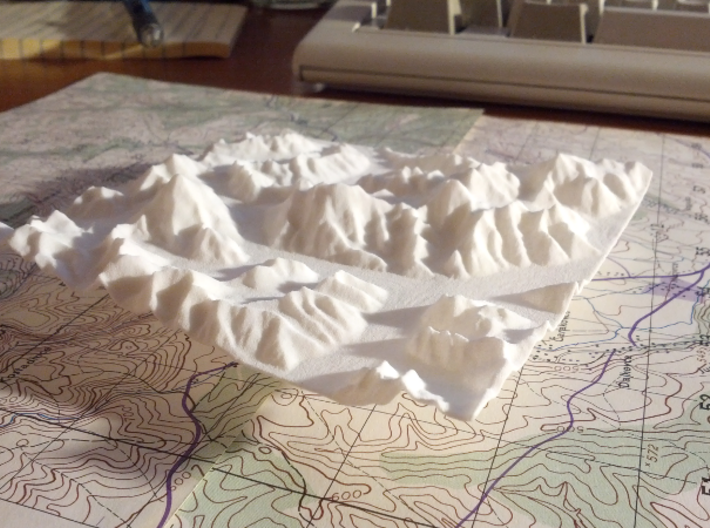4''/10cm Baltoro Glacier and K2, WSF 3d printed Photo of actual print of this model, looking East up the Baltoro Glacier, with sun from the South