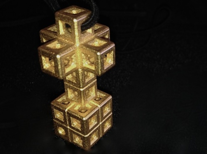 PENDANT - Plated Steel: Gold, Nickel, Bronze 3d printed Pendant: Steel Cross with 8 Cube-Base (48 x 24 mm) available in Steel, in polished Gold, Bronze, Nickel, Grey Steel and in matte Gold, Bronze and Black Steel.