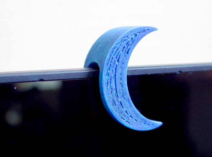 Crescent Moon Webcam Privacy Shade / Cover / Charm 3d printed Fits on device / laptops lid with max. thickness of approx .375&quot;. You can add a felt inner layer for a perfect and soft fit on narrower tablets and laptop lids - for example this image shows prototype* of moon on a laptop with lid thickness of about .25&quot;