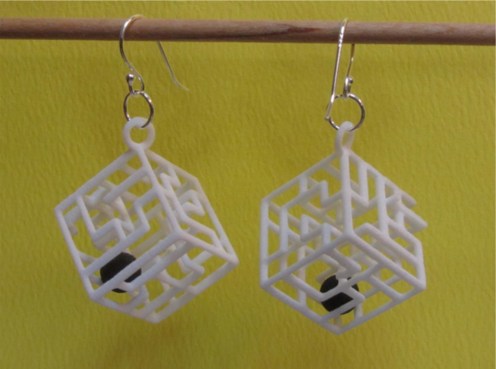 3D Maze Cube Earrings with Rolling Ball 3d printed 