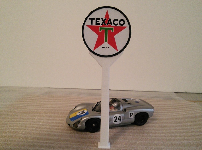 Gas Station Sign Post, 1/32 Scale 3d printed Printed in White Strong &amp; Flexible Plastic with Texaco logo glued to disk.